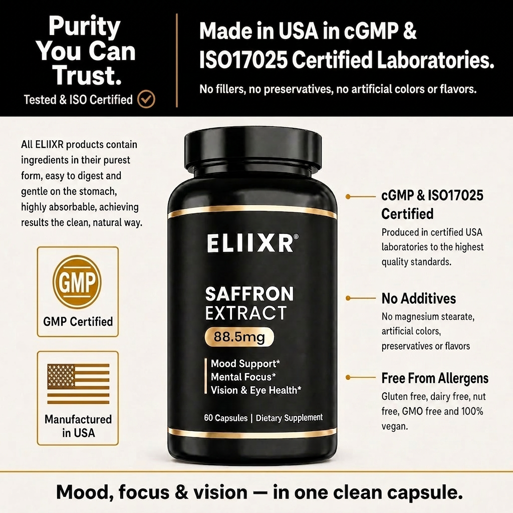Eliixr Saffron Extract 88.5mg – Mood, Vision & Focus – 60 Capsules