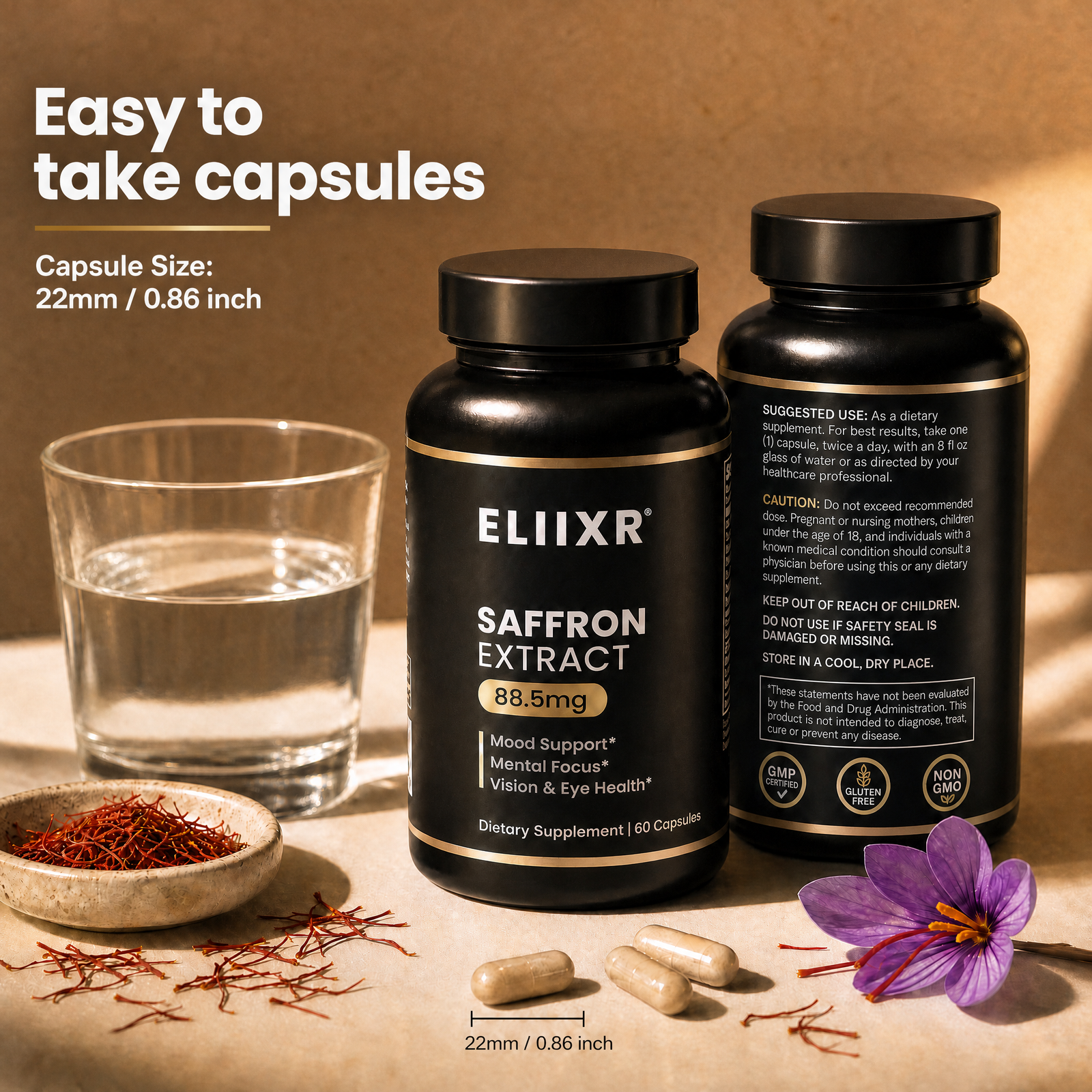 Eliixr Saffron Extract 88.5mg – Mood, Vision & Focus – 60 Capsules