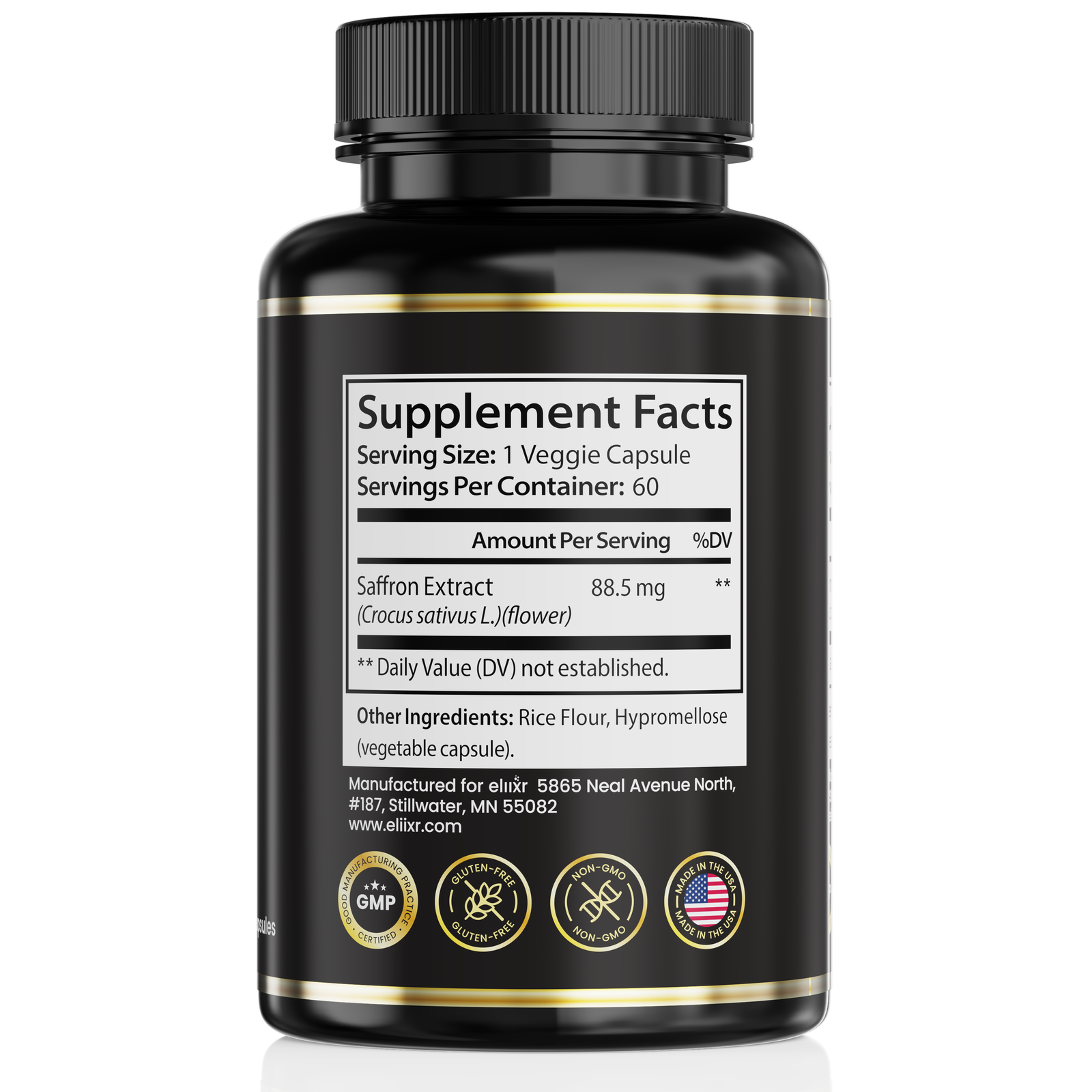 Eliixr Saffron Extract 88.5mg – Mood, Vision & Focus – 60 Capsules